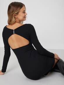 SHEIN Đầm Lộ Lưng Nút màu trơn Gợi cảm - màu đen - Xem 10