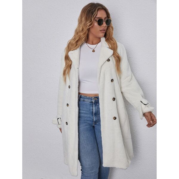 

Plus Slant Pockets Double Breasted Teddy Coat, White