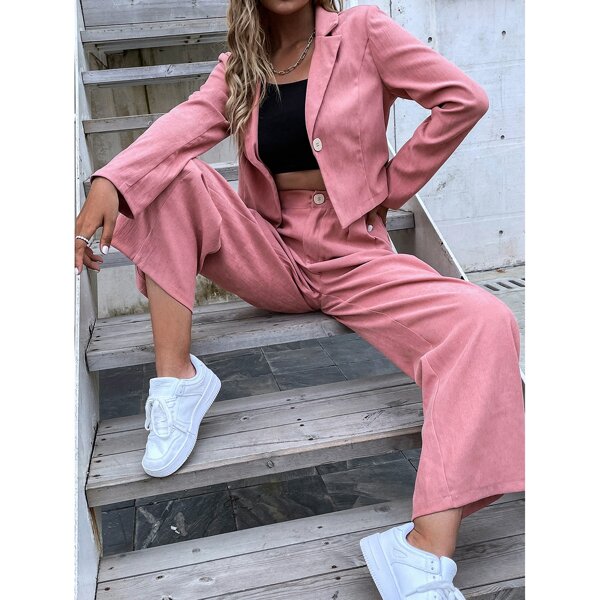 

Single Button Blazer & Plicated Detail Wide Leg Pants, Pink