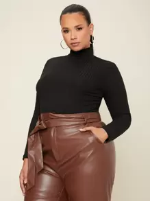 SHEIN BASICS Áo thun Plus size Gân đan màu trơn Cơ bản - màu đen - Xem 1