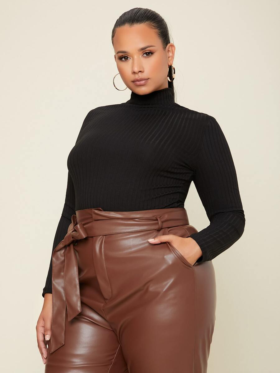SHEIN BASICS Áo thun Plus size Gân đan màu trơn Cơ bản - màu đen - Xem 1