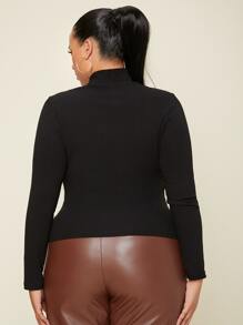 SHEIN BASICS Áo thun Plus size Gân đan màu trơn Cơ bản - màu đen - Xem 2