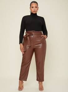 SHEIN BASICS Áo thun Plus size Gân đan màu trơn Cơ bản - màu đen - Xem 3