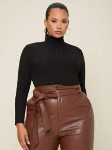 SHEIN BASICS Áo thun Plus size Gân đan màu trơn Cơ bản - màu đen - Xem 4