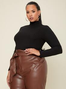 SHEIN BASICS Áo thun Plus size Gân đan màu trơn Cơ bản - màu đen - Xem 5