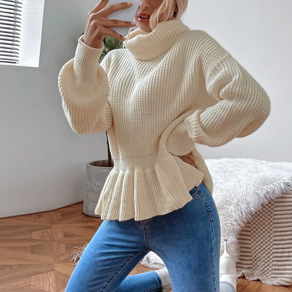 

Turtleneck Ruffle Hem Ribbed Knit Sweater, Khaki