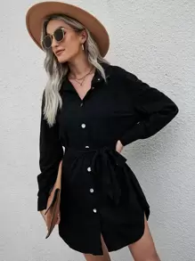 Drop Shoulder Belted Suedette Shirt Dress - Black - View 1