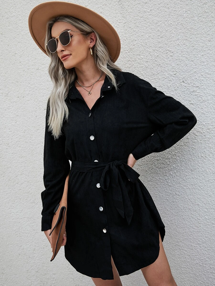 Drop Shoulder Belted Suedette Shirt Dress - Black - View 1