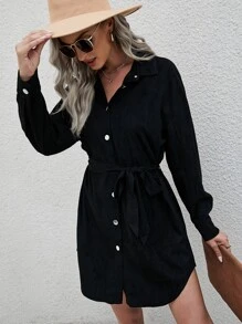 Drop Shoulder Belted Suedette Shirt Dress - Black - View 3