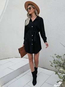 Drop Shoulder Belted Suedette Shirt Dress - Black - View 4