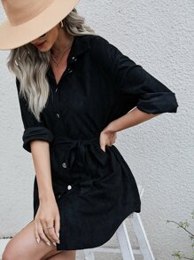 Drop Shoulder Belted Suedette Shirt Dress - Black - View 6