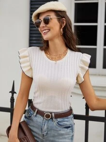 Pointelle Knit Ruffle Sleeve Knit Top - Beige - View 1