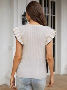 Pointelle Knit Ruffle Sleeve Knit Top - Beige - View 2