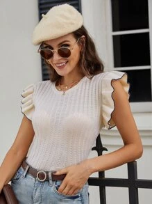 Pointelle Knit Ruffle Sleeve Knit Top - Beige - View 4