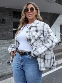 SHEIN LUNE 大碼格紋落肩袖襯衫 - 彩色 - 查看 1