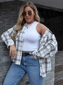 SHEIN LUNE 大碼格紋落肩袖襯衫 - 彩色 - 查看 4