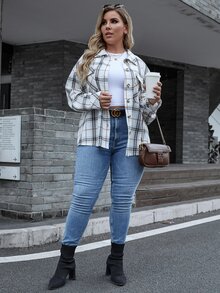 SHEIN LUNE 大碼格紋落肩袖襯衫 - 彩色 - 查看 5