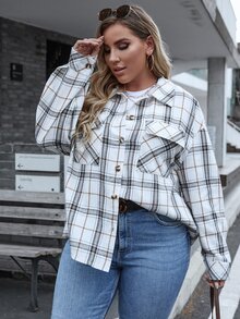 SHEIN LUNE 大碼格紋落肩袖襯衫 - 彩色 - 查看 6