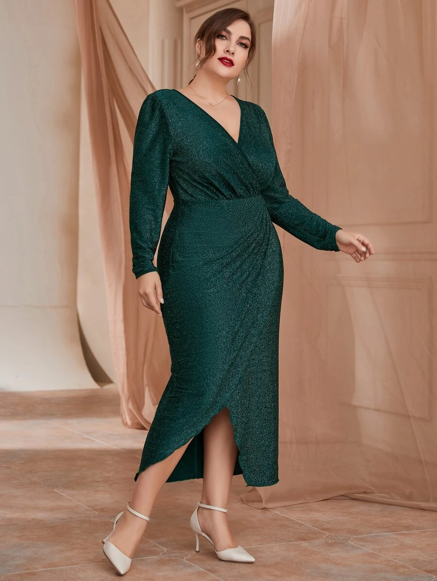 SHEIN Belle Plus Surplice Neck Wrap Glitter Fitted Bridesmaid Dress - Dark Green - View 1