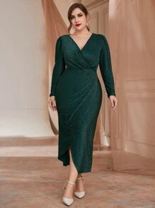 SHEIN Belle Plus Surplice Neck Wrap Glitter Fitted Bridesmaid Dress - Dark Green - View 3