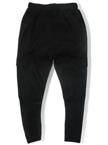 Manfinity Homme 男士翻盖口袋侧抽绳腰运动裤纯黑色外出休闲裤