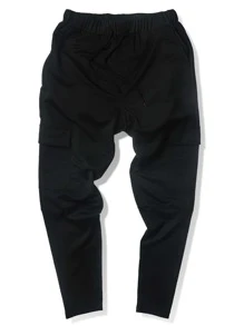 Manfinity Homme 男士翻盖口袋侧抽绳腰运动裤纯黑色外出休闲裤