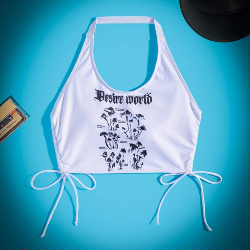 

Plant Print Bikini Top, White
