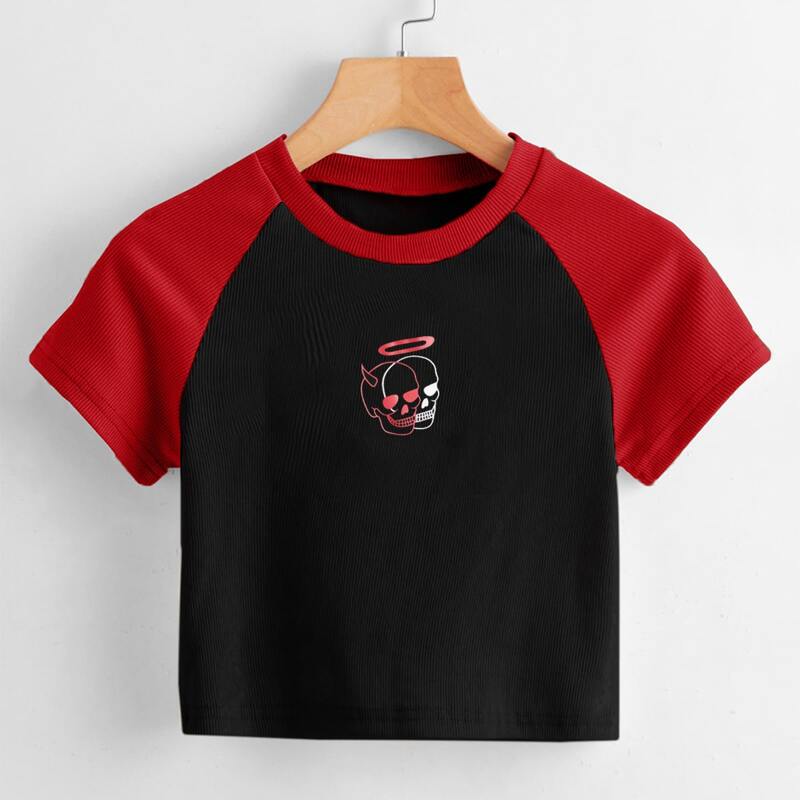 

Skull Graphic Colorblock Ribbed Tee, Multicolor