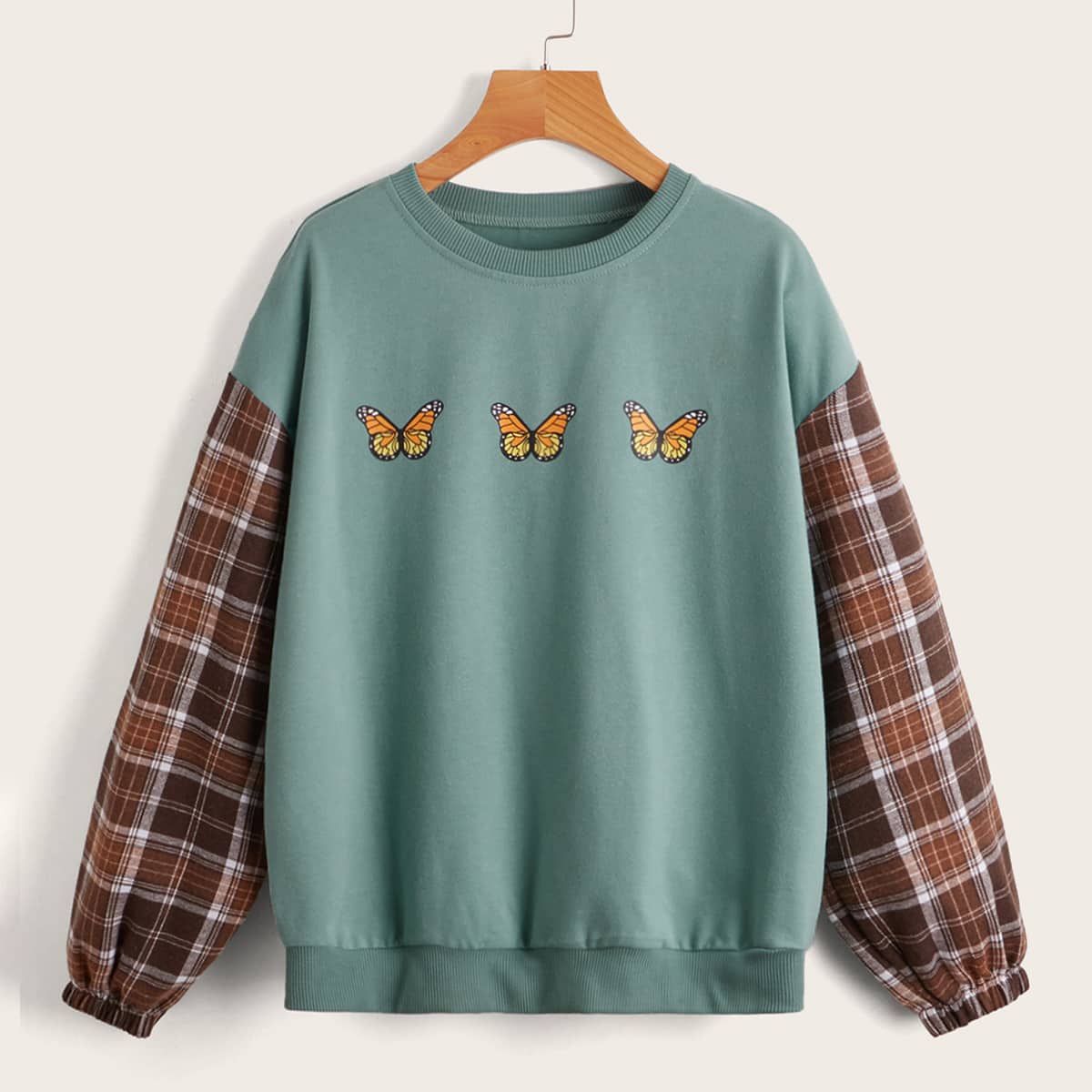 

Butterfly Print Contrast Plaid Sweatshirt, Multicolor