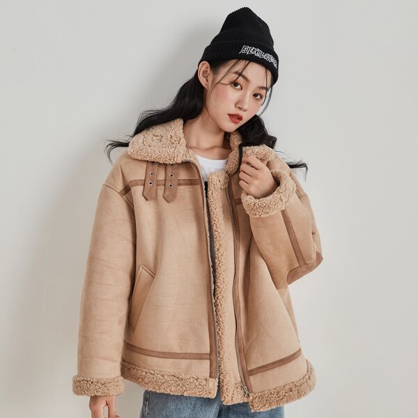 

Letter Embroidery Drop Shoulder Teddy Lined Suede Jacket, Brown