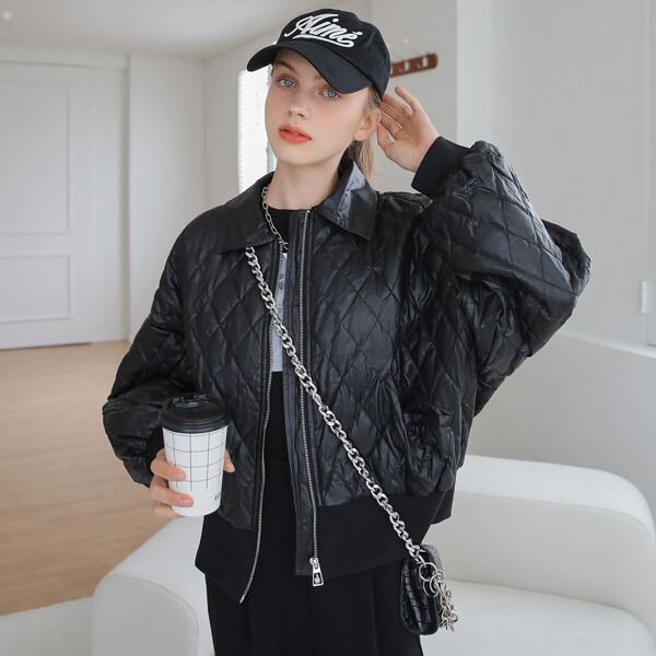 

Zip Up PU Leather Winter Coat, Black
