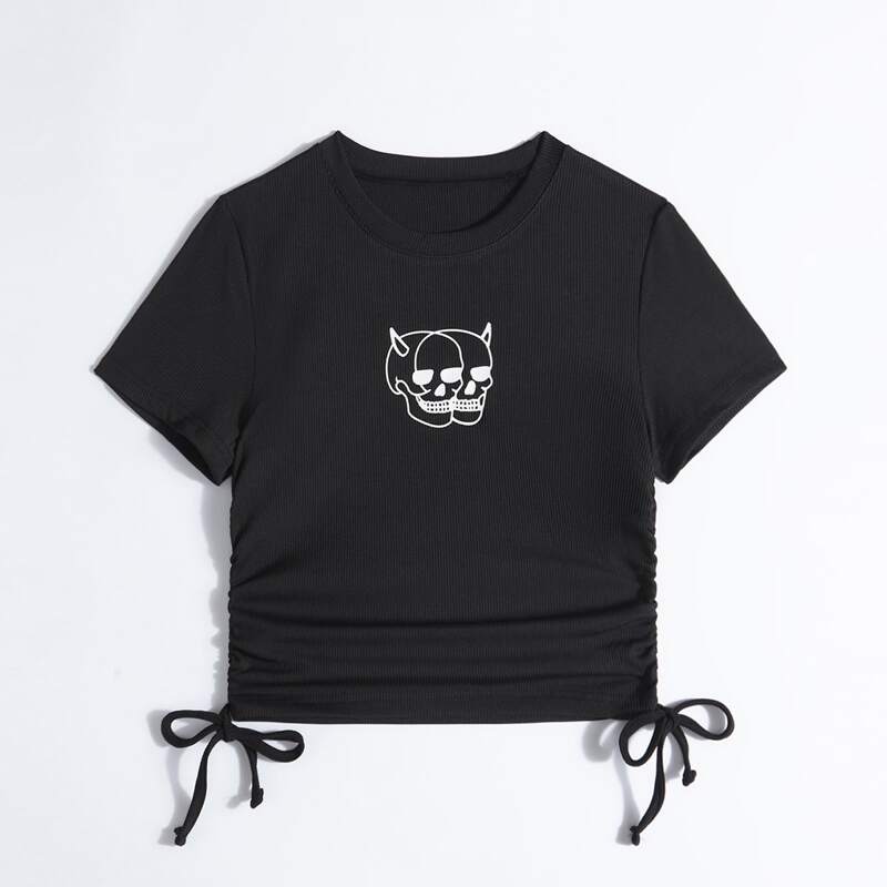 

Skull Print Drawstring Tee, Black