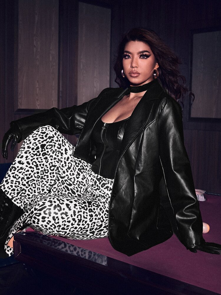 SHEIN Unity Plus Lapel Neck Leopard Print PU Leather Coat Fall Cloth For Women - Black and White - View 4