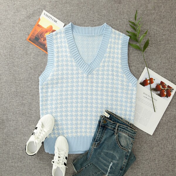 

Plus Houndstooth Pattern Sweater Vest, Blue and white