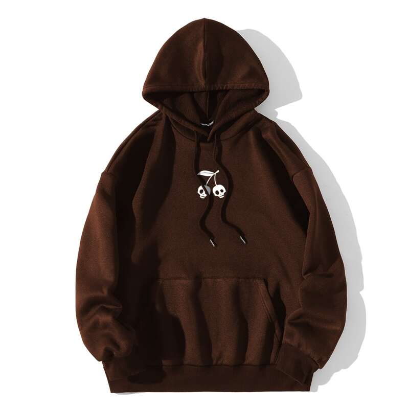 

Skull Print Kangaroo Pocket Drawstring Hoodie, Chocolate brown