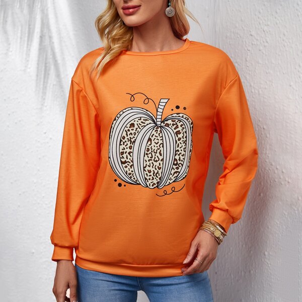 

Pumpkin Print Drop Shoulder Sweatshirt, Orange