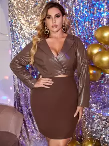 SHEIN Unity Plus Size具切割設計正面鱷紋pu皮革連身裙 - 棕色 - 查看 1