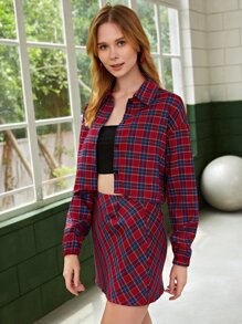 SHEIN Unity 蘇格蘭格紋落肩袖短款襯衫 - 彩色 - 查看 1