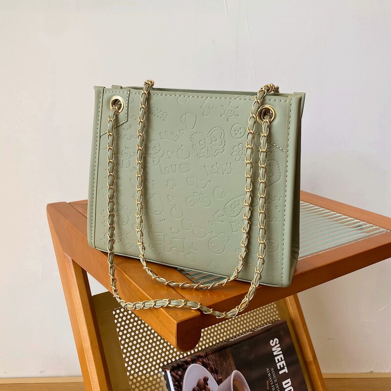 

Minimalist Cartoon Embossed Chain Shoulder Bag, Green