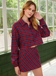 SHEIN Unity 蘇格蘭格紋落肩袖短款襯衫 - 彩色 - 查看 2