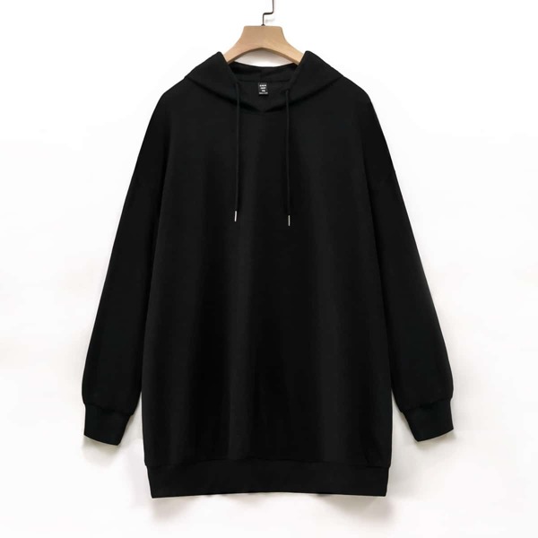 

Plus Solid Drawstring Longline Hooded Sweatshirt, Black