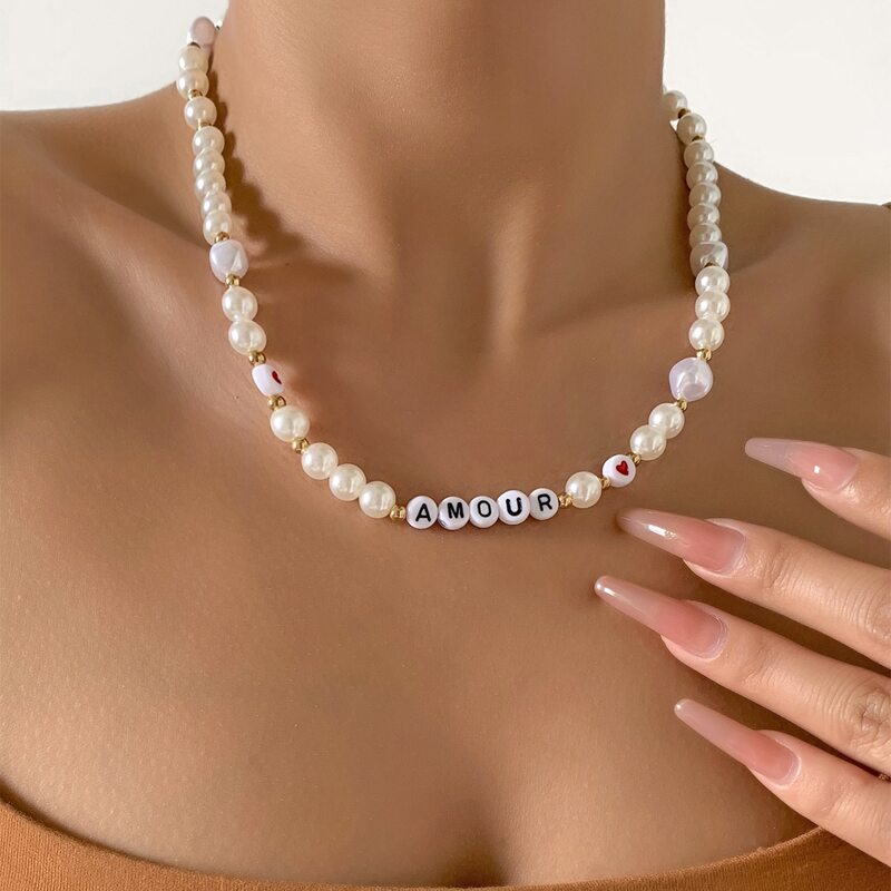 

Letter Graphic Beaded Necklace, White