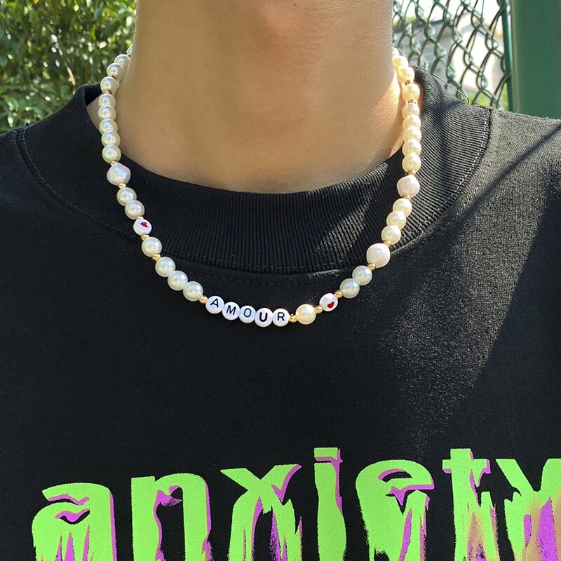 

Guys Letter Graphic Beaded Necklace, White