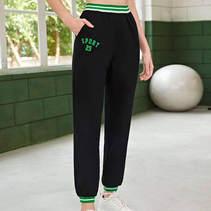 

Letter Graphic Striped Trim Sweatpants, Black