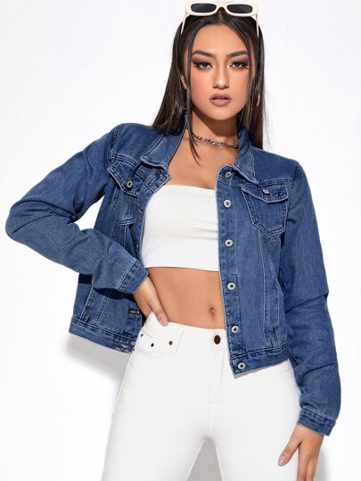 SHEIN Essnce 素色紐扣門襟翻蓋口袋牛仔夾克