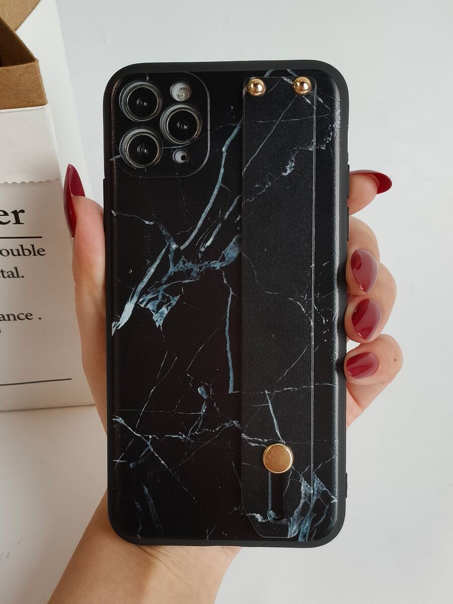 Hộp đựng điện thoại di động hoa văn bằng đá cẩm thạch có giá đỡ dây đeo tay - màu đen - Xem 1