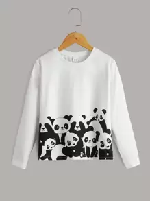 SHEIN Camiseta informal de manga larga con diseño de panda caricatura para niña preadolescente con cuello redondo para el verano - Blanco - Ver 1