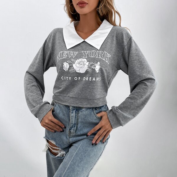 

Letter And Floral Print Contrast Collar Crop Sweatshirt, Grey