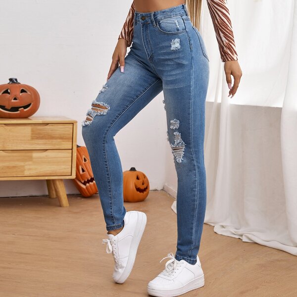 

High Waist Ripped Skinny Jeans, Medium wash