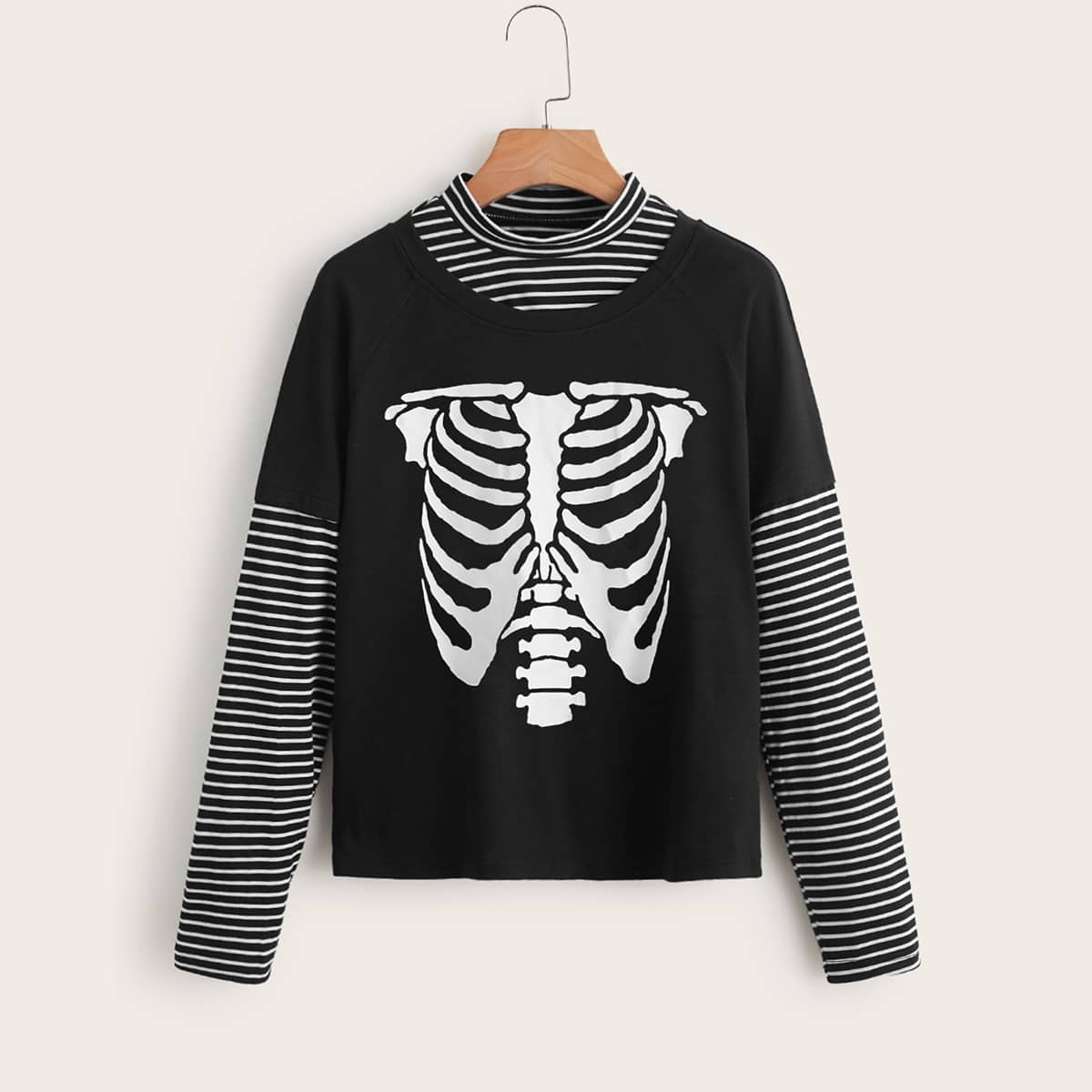 

2 In 1 Skeleton Graphic Striped Sleeve Tee, Black